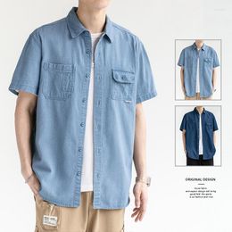 Men's Casual Shirts 2023 Summer Loose Fitting Men Short Sleeved Denim Shirt Simple Solid Colour Mens Tops Fashion Lapel Male