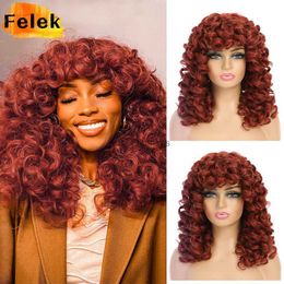 Synthetic Wigs Short Curly Wig with Bangs Big Curly Synthetic Hair Cosplay Wigs for Women Blonde Black Natural 18 Inch Female African Afro Wig HKD230818