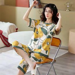 Women's Sleepwear 2023 Summer Pyjamas Set Short-sleeved Cropped Pants Pyjamas Thin Cotton Female Student Home Clothes