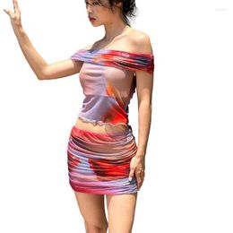 Work Dresses European And American Style 2023 Summer Women's Fashion Print One Line Neck T-shirt Slim Fit Wrap Hip Half Skirt Set