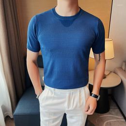 Men's T Shirts 2023 Short Sleeve Knitted Round Neck T-shirts For Men Summer Ice Silk Knit T-shirt Slim Casual Business Tee Tops Clothing