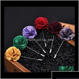 Pins Brooches Pins Drop Delivery 2021 Classic Men Flower Brooch Fashion Imitated Silk Fabric Boutonniere Stick Lapel Pin For Suit Par Dhfxa