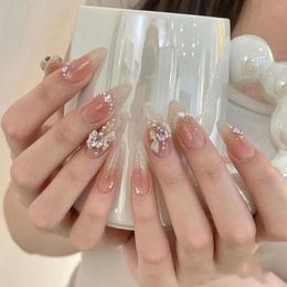 False Nails 10PCS Pure Handmade Wearable Light Luxury Blush Glitter Diamond Fake Bow Ice Transparent Nude Pearl Press On