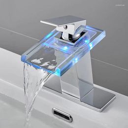 Bathroom Sink Faucets Faucet Glass Basin Mixer Water Tap LED Luminous Colour Changing Hydro Power Black Waterfall Stainless Steel