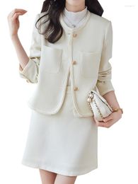 Two Piece Dress Women Casual Skirt Suit Ladies Beige Black Long Sleeve O-Neck Female Blazer Set For Autumn Winter