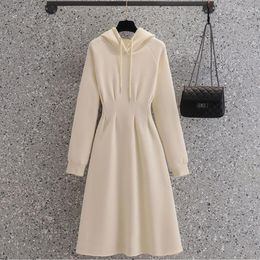 Casual Dresses 2023 Women's Dress Autumn Winter Korean Style All-Matched A-Line Mid-Length Solid Colour Drawstring Hooded