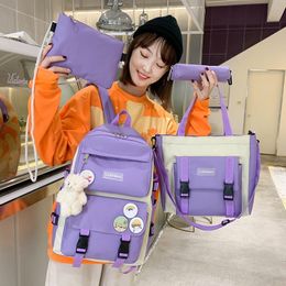 School Bags Teenage Student Schoolbag Canvas Fourpiece Set Girls Trend Leisure Bag Fresh Backpack for Middle Students 230818