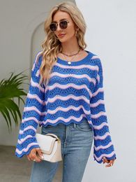 Women's Sweaters Fitshinling Wave Stripes Flare Sleeve Sweater 2023 Hollow Out Slim Pullover Knitwears Fashion Jumper Tops In