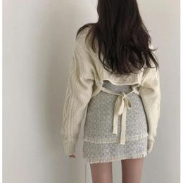 Women's Sweaters Korean Chic Foreign Style V-Neck Sexy Back Waist Baring Tie Knit Loose Short Fried Dough Twists Lazy Sweater