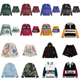 Jacquard Rhude Mens Hoodies Frog Drift Streetwear Rhude Sweater Oversize Cashew Flower Vintage Sweatshirts Shorts Tracksuits Thick Pullover Men US Size 244