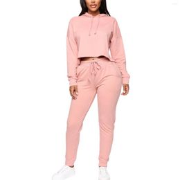 Women's Two Piece Pants Autumn And Winter Solid Colour Open Navel Long Sleeved Hooded Sweater Women Overalls Ski Womens