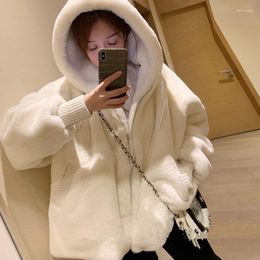 Women's Fur Winter White Oversized Faux Jacket Women With Hood Zipper Korean Fluffy Coat Fashion Womens Imitation Lambwool Outwear