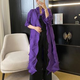 Women's Trench Coats Miyake Pleated Lace Up Long Coat 2023 Autumn Diamond Scarf Loose Cardigan Windbreaker Dress Wear