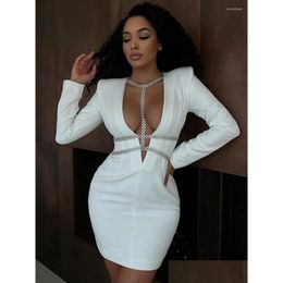 Basic Casual Dresses Autumn Winter Women Long Sleeve Sexy V-Neck Bodycon Mini Dress Rayon Bandage Fashion Celebrate Birthday Party Dhzpy