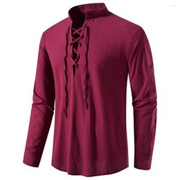 Men's Casual Shirts Men Solid Colour Shirt Vintage-inspired Slim Fit Tops With Stand Collar Lace-up Detailing For Stylish Look Retro