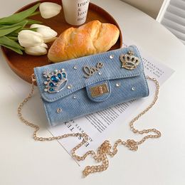 Werksgroßhandel Frauen Umhängetaschen 2 Farben Nischendesign Denim Kettenbeutelkleidung-resistente Leder-Multikard-Länge mit langen Brieftaschen Süßes Diamant Wallet 13148#