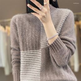 Women's Sweaters Half High Neck Pullover Merino Wool Autumn And Winter Cashmere Sweater Colour Contrast Clothing Fashion Korean