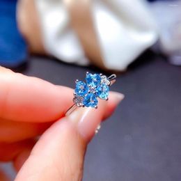 Cluster Rings Light Luxury Four-leaf Clover Swiss Blue Topaz Coloured Jewel Open Ring For Women