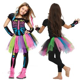 Cosplay Halloween Costume Rainbow Skeleton Girl Toddler Funky Punky Bone Dress Up Party for Kids Stage Performance Props 230818