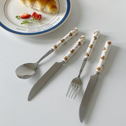 Dinnerware Sets Cute Bear Pattern Set Stainless Steel Tableware Knife Fork Spoon Flatware Students Ceramic Handle Cutlery