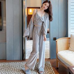 Women's Sleepwear 3Pcs Women Long Sleeves Gold Velvet Pyjamas Sets Nightwear Solid Colour Home Clothes Sleep Suit Cardigan Loose Shirt Pant