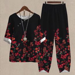 Zweiteilige Hosen für Frauen 2pcs/Set Trendy Lose Outfit atmungsaktives Top Set O-Neck Sommer Buntes Blumendruck Dressing Up