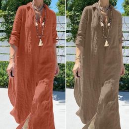 Casual Dresses Loose Shirt Dress Vintage-inspired Women's Maxi V-neck Long Sleeve Plus Size Options With Split Hem For Beach