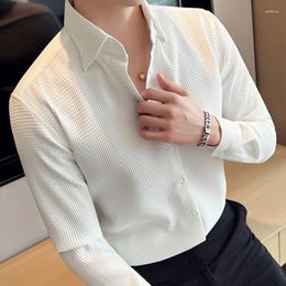 Men's Casual Shirts Slim Fit Long Sleeve Waffle Top Fashion Solid Colour Lapel Button-up Shirt Autumn Vintage Men Streetwear Tops