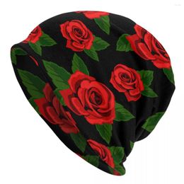 Berets Women Men Beanie Hat Red Roses With Green Leaves Warm Spring Winter Outdoor Hip-hop Cap