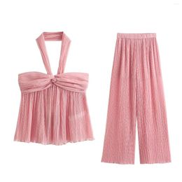 Women's Two Piece Pants Sets Summer Pink Set Sexy Fashion Halter Tops Solid Elegant Trafza Ins Woman Blouses Suit Y2k Blusas