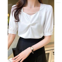 Women's Polos Summer Women Tops Beads V-Neck Chiffon Blouse Shirt Blusas Mujer De Moda 2023 Verano Short Sleeve Blouses F459