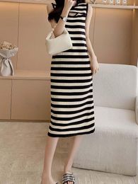 Casual Dresses Temperament Round Neck Stripe Knitted Tank Top Skirt Sleeveless Dress 2023 Summer Fashion Women'S Clothing