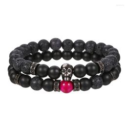 Strand 2pcs/set Black Eye Skull Hematite Bead Bracelets Men Classic Handmade 8mm Lava Stone Charm Bracelet For Jewelry Gift