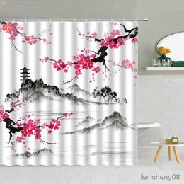 Shower Curtains Traditional Theme Shower Curtain Kimono Woman Sakura Pavilion Bird Waterproof Bathroom Decor Curtains Set R230819