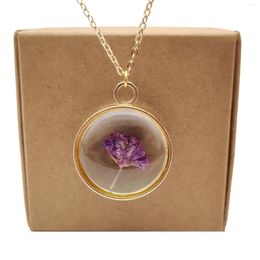 Pendant Necklaces Purple Blossom Babysbreath Real Flower Glass Gold Color Chain Long Necklace Women Boho Fashion Jewelry Bohemian