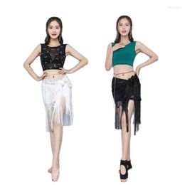 Stage Wear Dynamic Belly Dance Waist Chain Ornament Women Triangle Long Tassel Oriental Sequins Black Hip Scarf