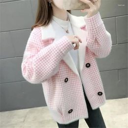 Women's Jackets Korean Fashion Pink Plaid Jacket Women Fall Long Sleeve Soft Mink Cashmere Coats Stylish Turndown Collar Short Sweater