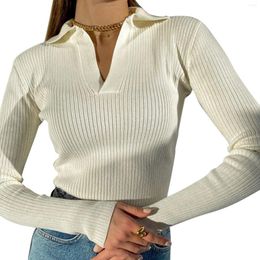 Women's Sweaters 2023 Autumn Women Long Sleeve Lapel V Neck Solid Color Knitted Pullover Rib Knit Tops Female Casual Slim Fit T-Shirts