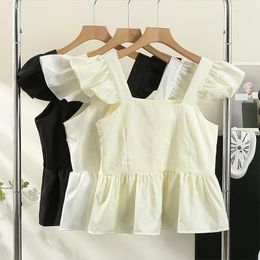 Women's Blouses French Sweet Square Neck Sleeveless Shirt Design Sense Cotton And Blouse Female Short Tops Unique Baby T-Shirt