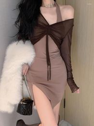 Casual Dresses HOUZHOU Sexy Bodycon Wrap Slim Dress Women Evening Club Night Off Shoulder Mini Short Split 2023 Outfits