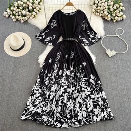 Basic Casual Dresses Summer Women Elegant Flower Printing Dress With Sashes Half-sleeve Round Neck Pleated Dress Vestidos Mid-Length Black Dresses 2024