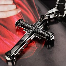 Pendant Necklaces Men's Punk Colour Gold Black Plated Chunky Stainless Steel Cz Crystal Rhinestones Rivets Cross Necklace