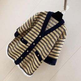 Women's Knits 2023 Summer And Autumn Clothing Woven Fabric Double Pocket Design Striped Knitted Jacket 0814