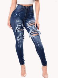 Women's Jeans Womens Fashion High Waist Broken Hole Slim Body Stretch Bodycon Hollow Out Ripped Demin 3XL