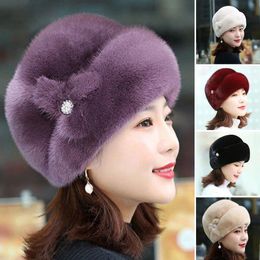 Beanie Skull Caps Winter Hat Russian Flower Decor Thickened Luxury Keep Warm Solid Color Autumn Thermal Middle aged Women Cap For Outdoor 230818