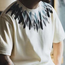 Men's T Shirts American Retro Feather Print Short-sleeved T-shirt Summer Old-fashioned All-match Simple Loose Round Neck Casual