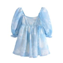 Basic Casual Dresses Yenkye Summer Women Blooming Sky Color Organza Princess Dress Female Sexy Square Neck Puff Sleeve Mini Party Dhs3X