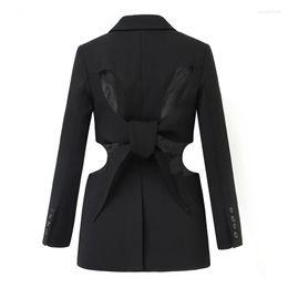 Women's Jackets 0425 European Designer Streetwear High Quality Halter Hollow Sexy Black Loose Long Suit Jacket Top