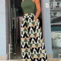 Women's Two Piece Pants High Neck Sleeveless Top & Geometric Print Wide Leg Set Summer Spring Women Loose Fashion Tanks Tops