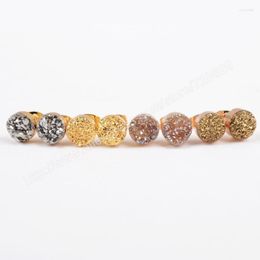 Stud Earrings BOROSA 5Pair/lot Fashion Gold Colour 8mm Round Natural Crystal Titanium Druzy Studs G0889